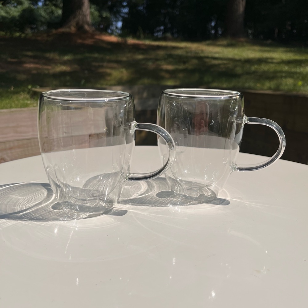 Set of 2 Double insulted clear glass mugs 12 oz. capacity minimalist design